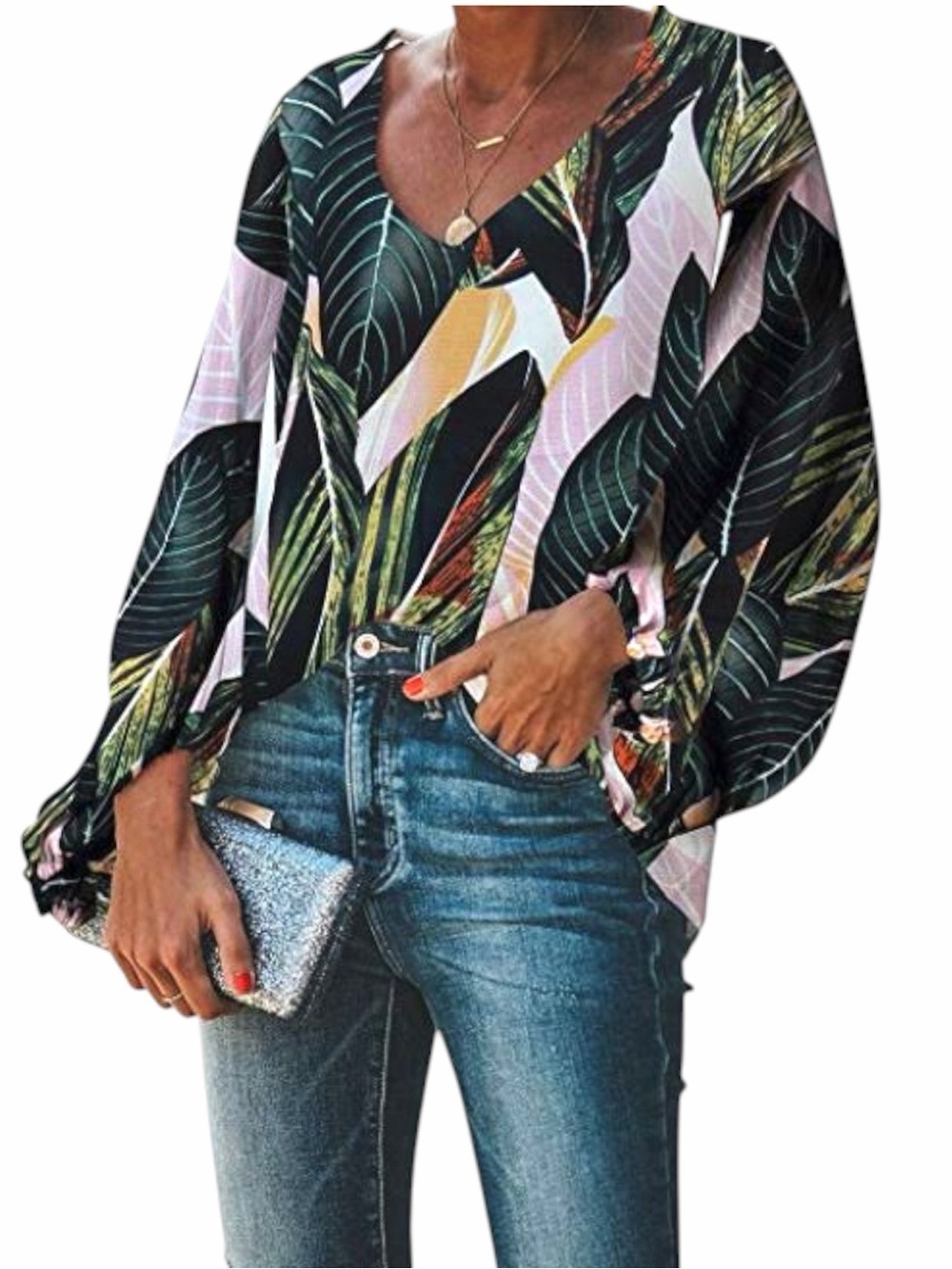 NEW Belongsci Tropical Palm Leaf Print Bell Sleeve V Neck Blouse Women’s Size S